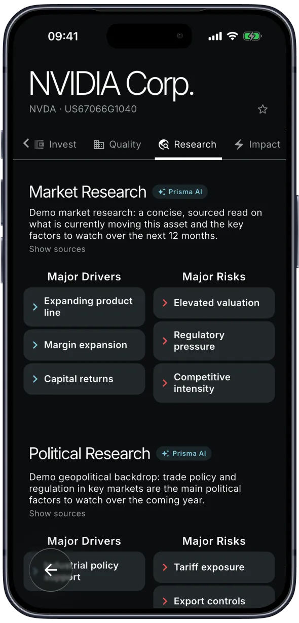 Planfolio AI research view for NVIDIA showing market and political drivers and risks
