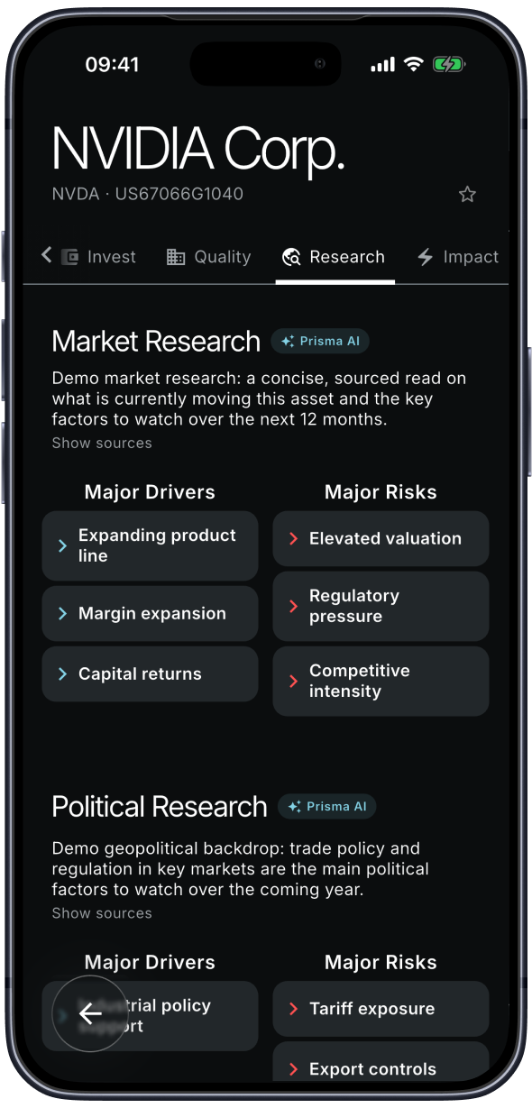 Prisma AI research view for NVIDIA showing market and political drivers and risks