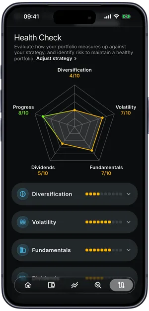 Planfolio strategy setup with target allocation, and the Health Check scoring a portfolio against it