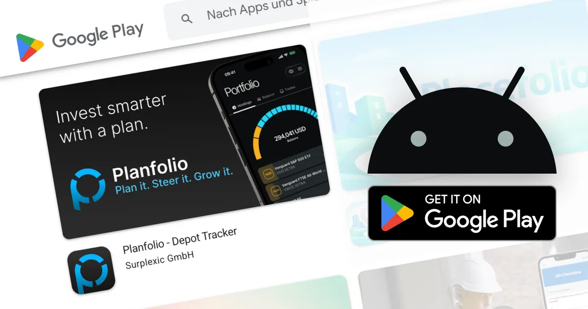The Planfolio app listing on Google Play, showing the portfolio overview on a phone next to the Get it on Google Play badge